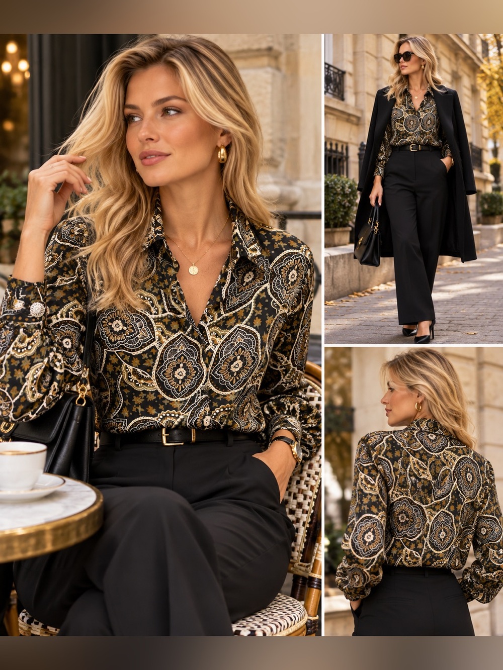 Vintage 90’s H.E.R. Brand Paisley-Print Button-Up Blouse in Black and Gold